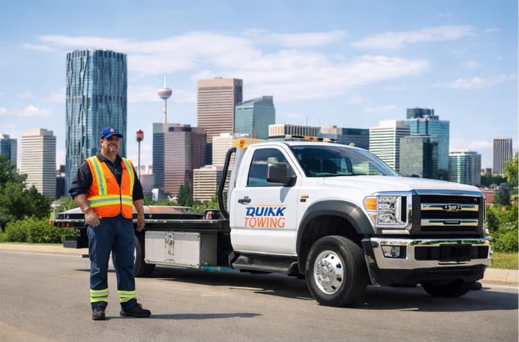Cash for Cars Calgary tow truck driver ready to pick up a junk vehicle in Calgary
