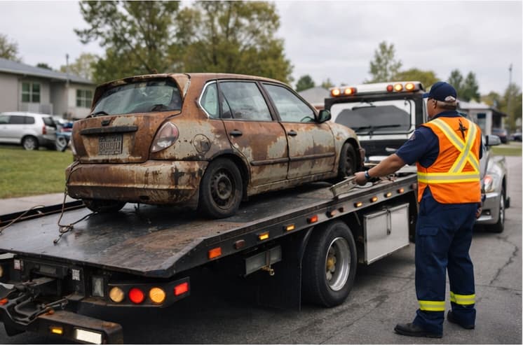 Junk car removal in Calgary — towing a fire damaged vehicle for free pickup