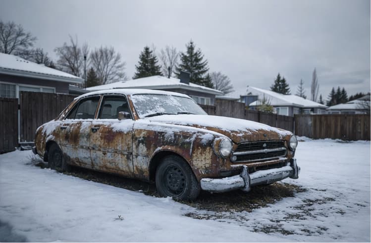 Abandoned junk car sitting in a Calgary driveway, ready for free pickup and instant cash payment