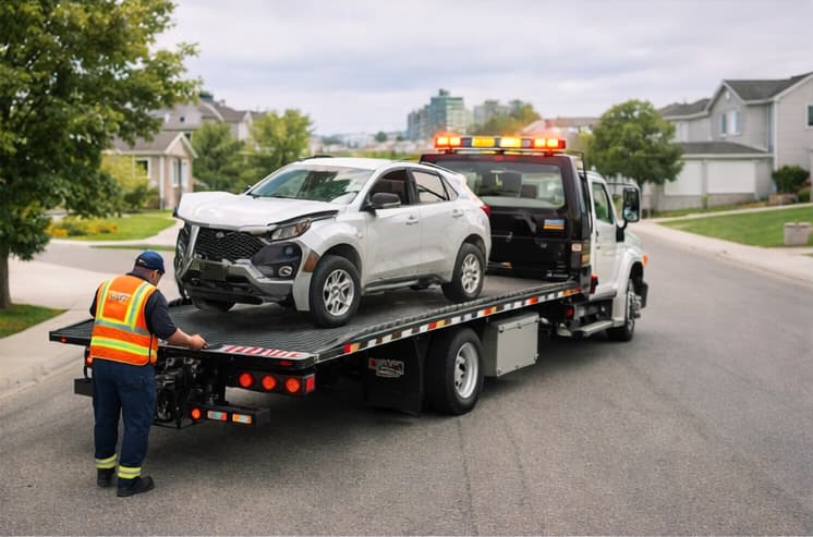 Flatbed tow truck picking up a damaged SUV for free in Calgary