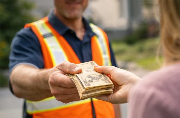 Cash for Cars Calgary driver paying customer cash on the spot at vehicle pickup