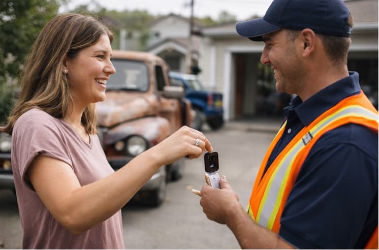 Selling a car in Calgary — woman handing keys to a Cash for Cars Calgary driver